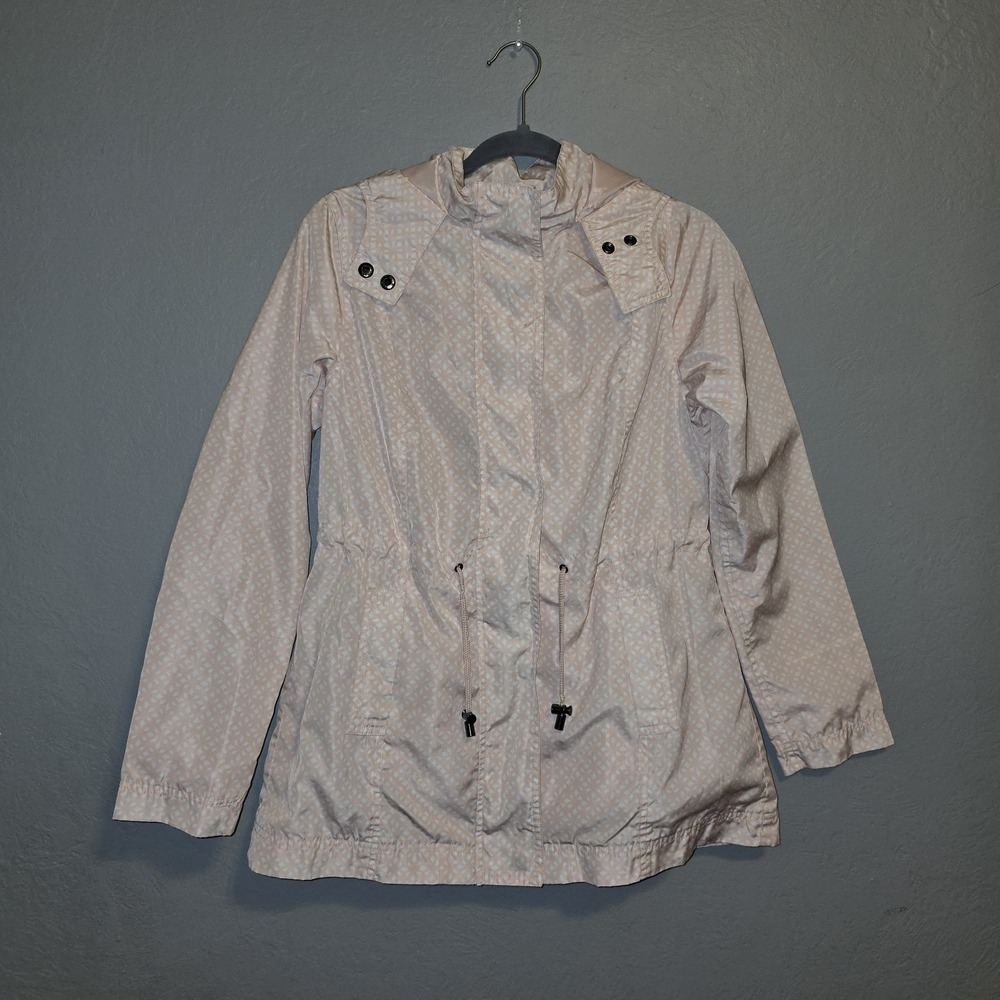 Merona Blush Pink White Geometric Print Rain Jacket Lightweight Spring Hood Sz S